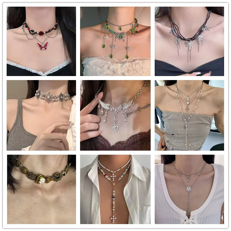 2026 Trendige Glänzende Kristallflügel Herz Stern Schmetterling Kreuz Perlen Vintage Halskette für Damen Charm Neuer Schmuck Accessoires