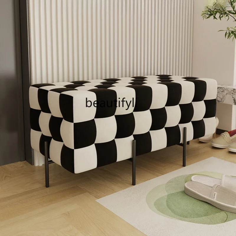 

14 Nordic Black and White Plaid Shoe Changing Stool Home Bedroom Tailstock Strip Sofa Low Stool Wrought Iron Dressing