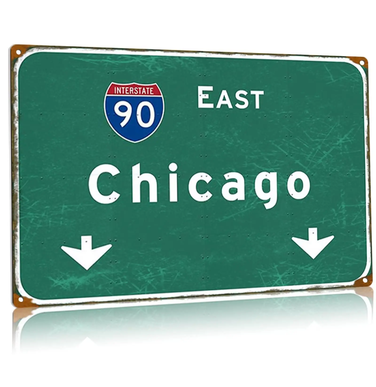 Chicago Road Metal Sign Interstate 90 East Directional Sign City Highway Directional Tin Plaque Airport Club Farmhouse Wall Deco