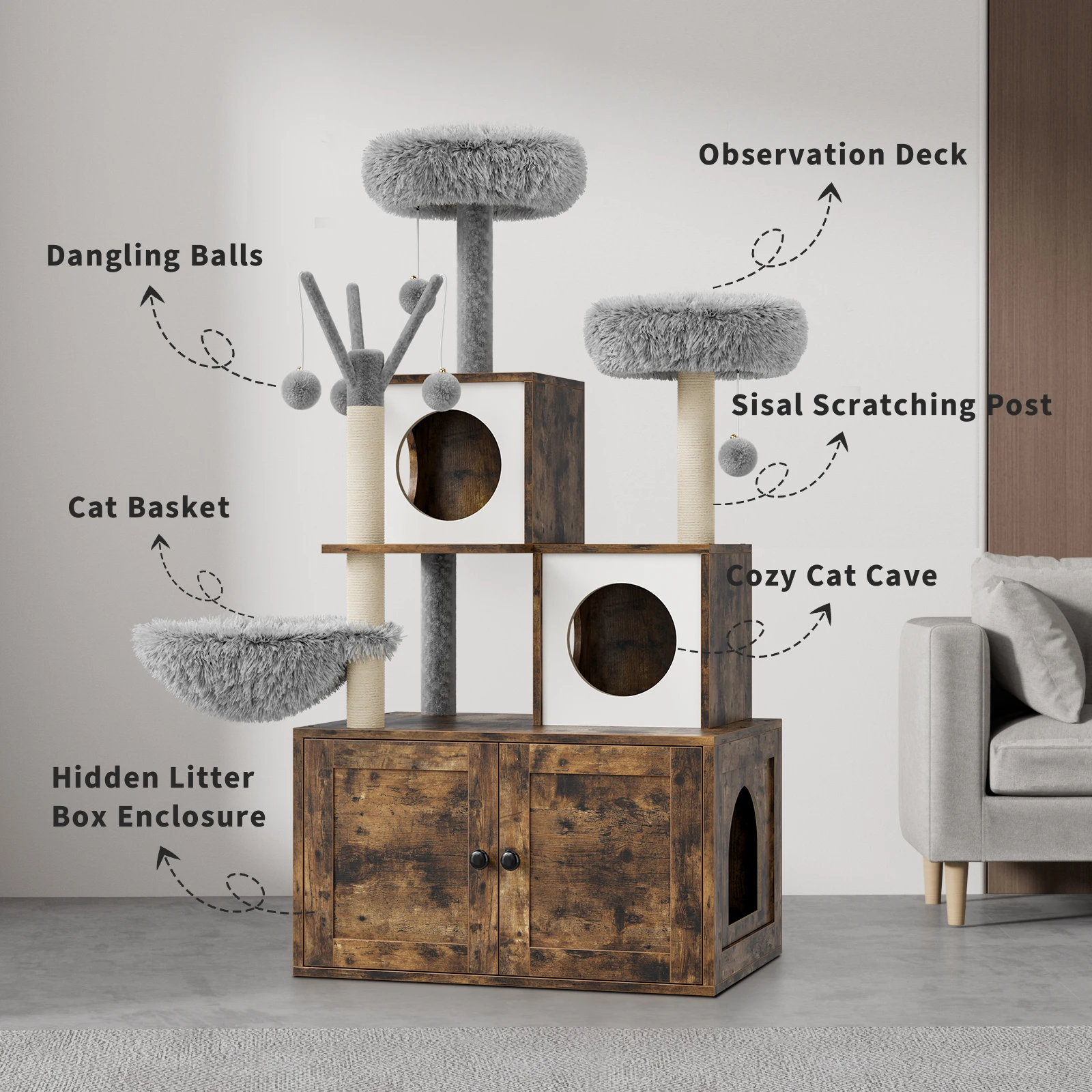 Mobile per gatti 2 in 1 con lettiera nascosta e albero, cuccia in legno, tiragraffi in sisal, piattaforma imbottita, area gioco e riposo a più livelli