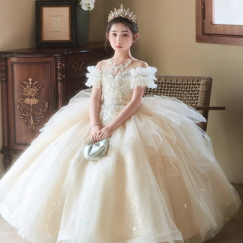 Champagne Color High-End Children's Formal Dress Stage Performance Host Costume Elegant Princess Dress Birthday Party Puffy Dres