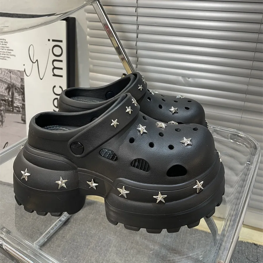 

Женские модные сабо, тапочки на платформе с милыми звездами, мягкие женские домашние уличные шлепанцы из ЭВА на высоком каблуке, пляжные сандалии для девочек