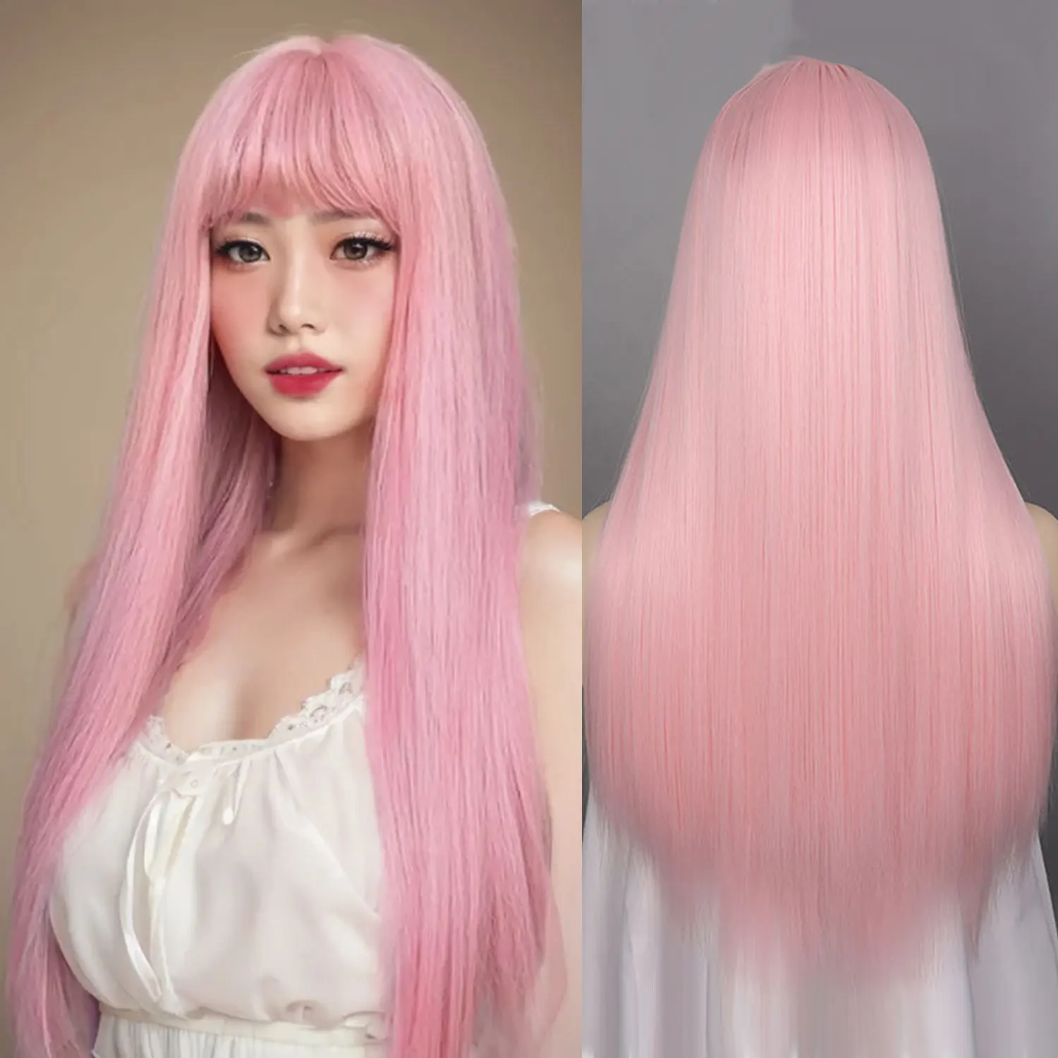 

Synthetic Straight Wigs with Bangs Long Silky Heat Resistant Fiber Hair Full Machine Wig Cosplay Party Wig For Fashion Women