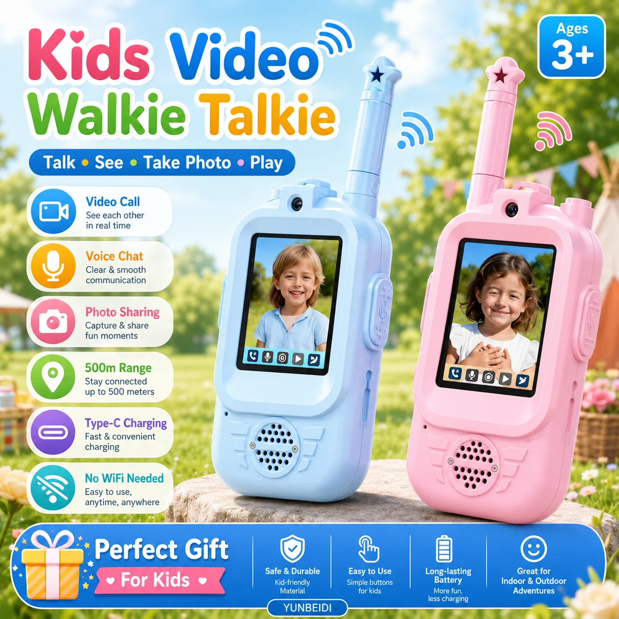 2PC Kids HD-Video Walkie Talkies 3 Styles Intercom USB Charging Indoor Outdoor Boys Girls Age 3+ Child's Birthday Gifts Toys