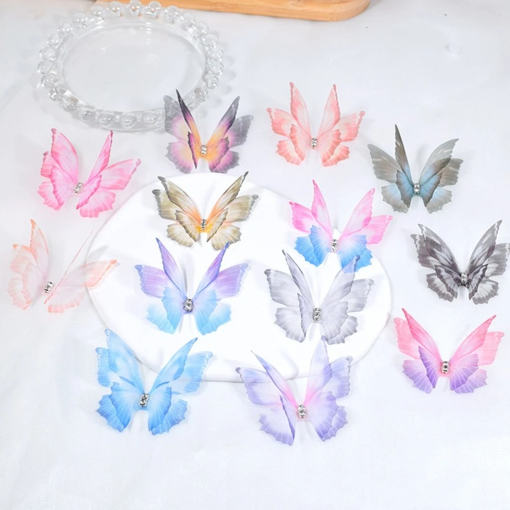 

50pcs Gradient Color Organza Fabric Butterfly Appliques 5CM 3D Simulation Mesh Butterfly Patch Double-layer DIY Handmade