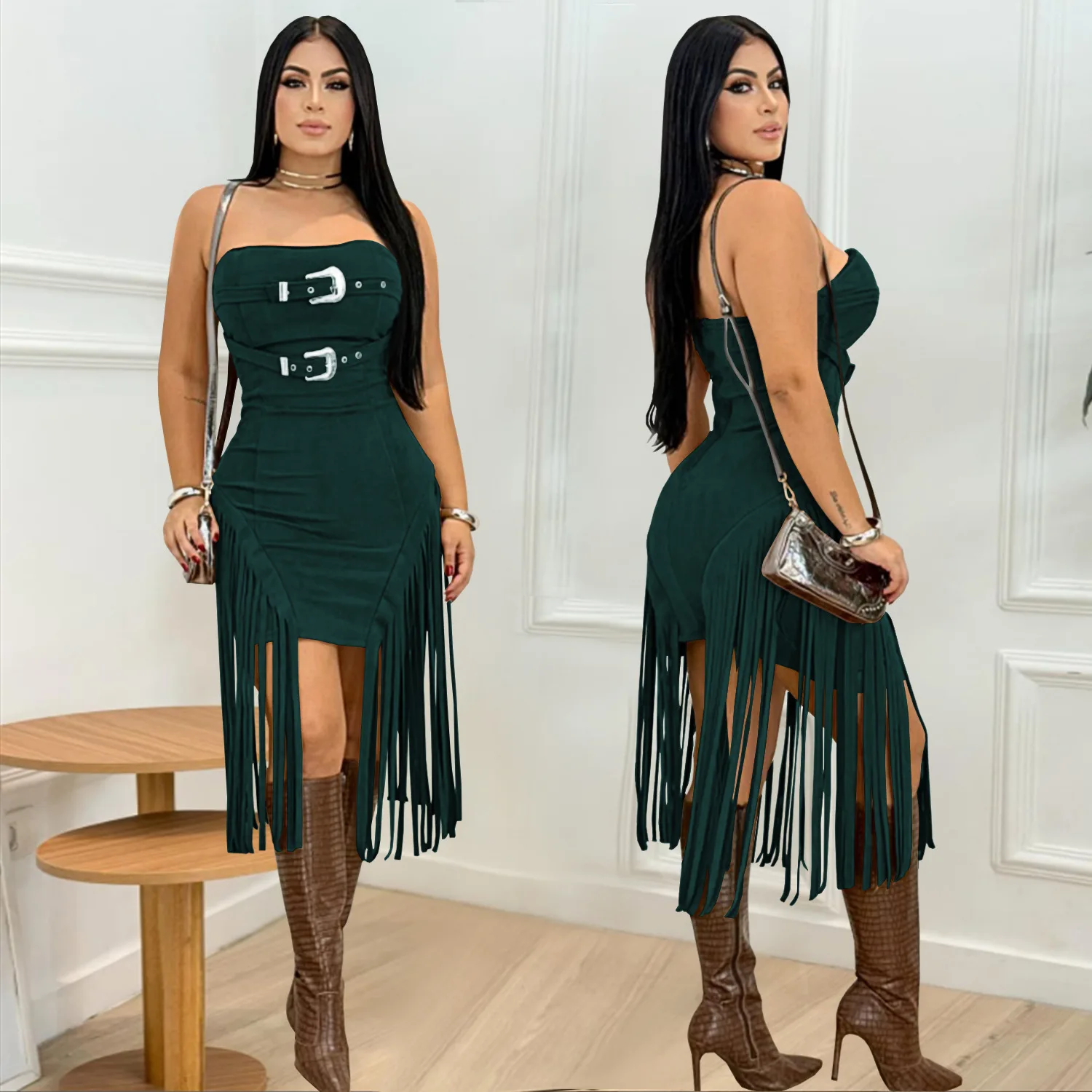 Suede Tassel Women Midi Dress Off Shoulder Sheer Evening Dress 2025 Summer New Streetwear Sexy Backless Night Club Party Vestido
