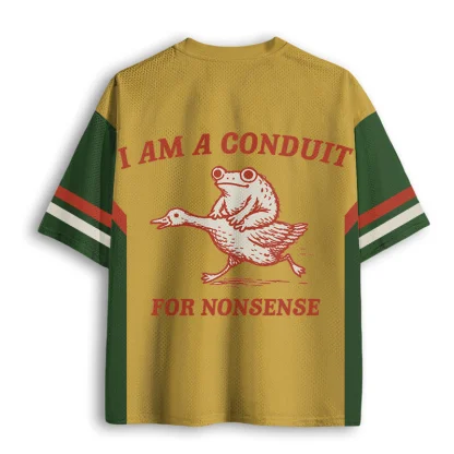 I Am A Conduit For Nonsense Frog Ride Duck Print Men V Neck Mesh Jersey Funny Retro Short Sleeve Top