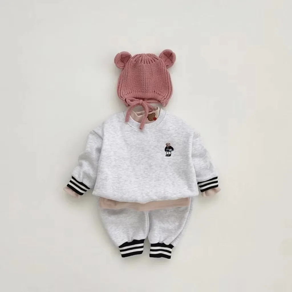 Winter New Children Long Sleeve Clothes Set Boys Cute Bear Fleece Sweatshirt + Pants 2pcs Suit Kids Casual Sports Outfits