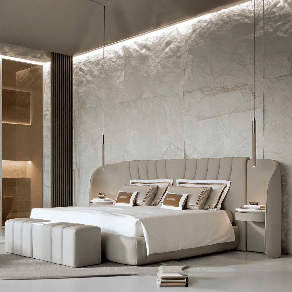 Luxury modern beige leather headboard bed with sturdy frame modern design for bedroom villa hotel decor