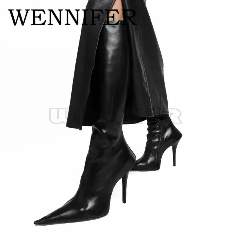 Smooth Lambskin Sharp Stiletto Heel Boots Pointed-toe Side Zip Knee-high Bootes Ladies Halloween Witch High-heel Leather Bootias