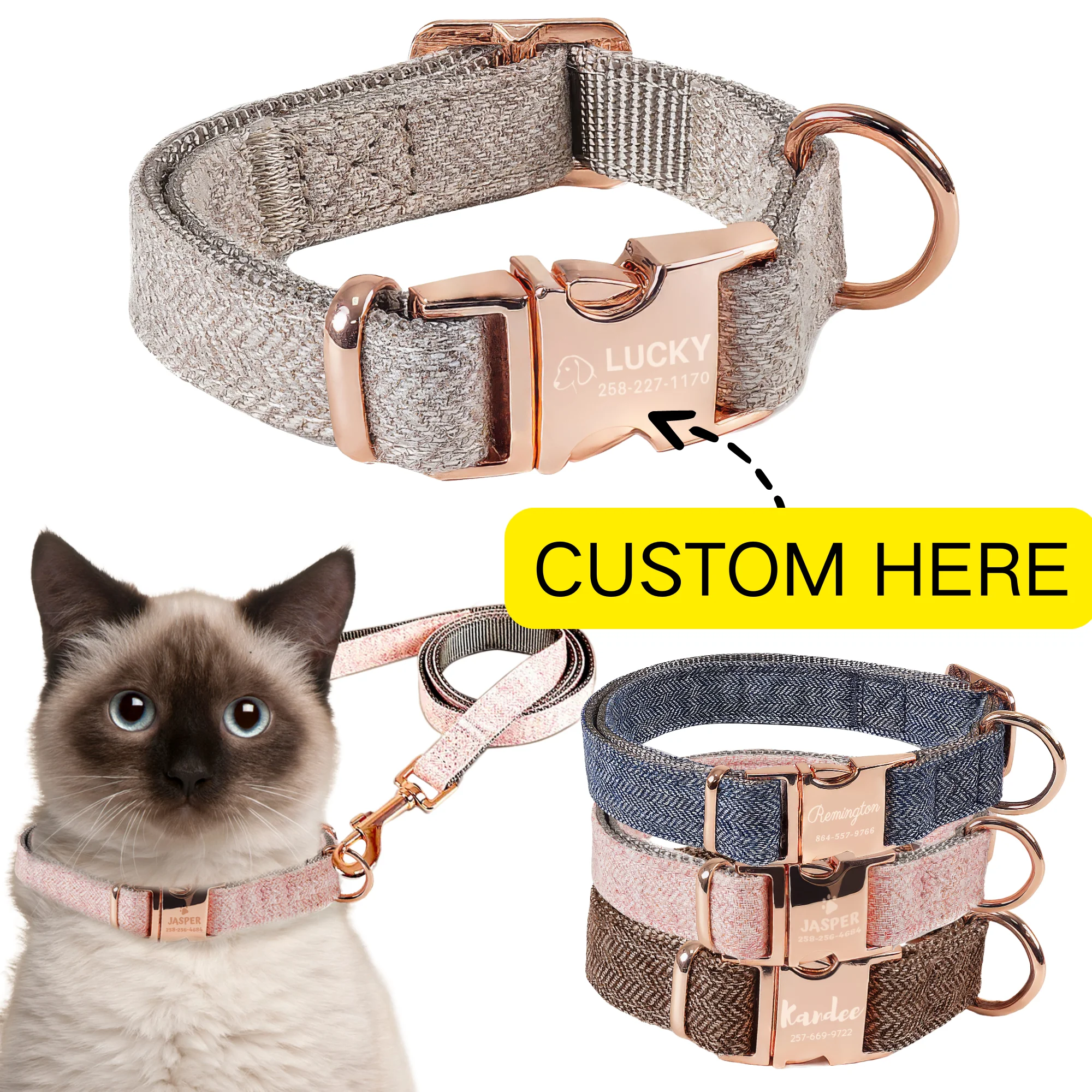 

Customized Pet Dog collars Personalized Free Engraved Letters Anti-lost Nameplate Adjustable Leash Necklace Metal Buckle For Cat