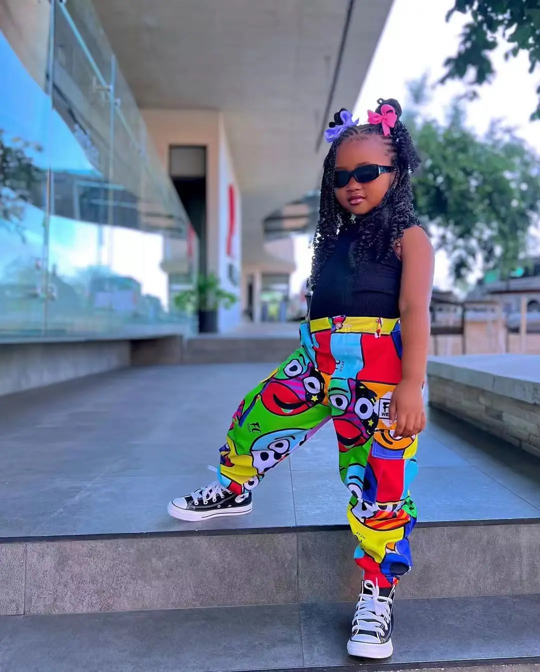 Summer Children\'s Clothes Sets Sleeveless Black Girls T-shirt and Graffiti Pants 2 pieces Baby Clothing Sets For Girl 1-8Years