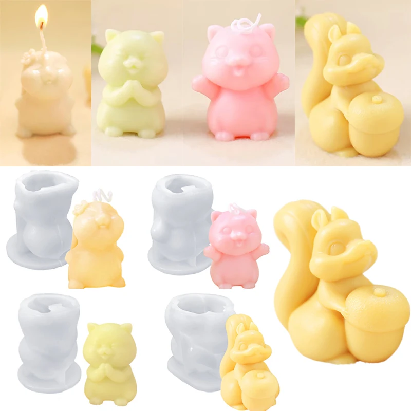 3D Cute Cartoon Rabbit Silicone Candle Mold Diy Handmade Cat Squirrel Shape Soap Plaster Mold Birthday Party Wedding Gift Making