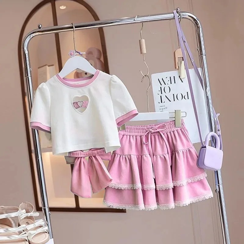 2026 summer Girls set Clothes teenager HEART short sleeve t-shirt pink + Pleated mini tiered skirt 4 5 8 10 11 12 year fashion