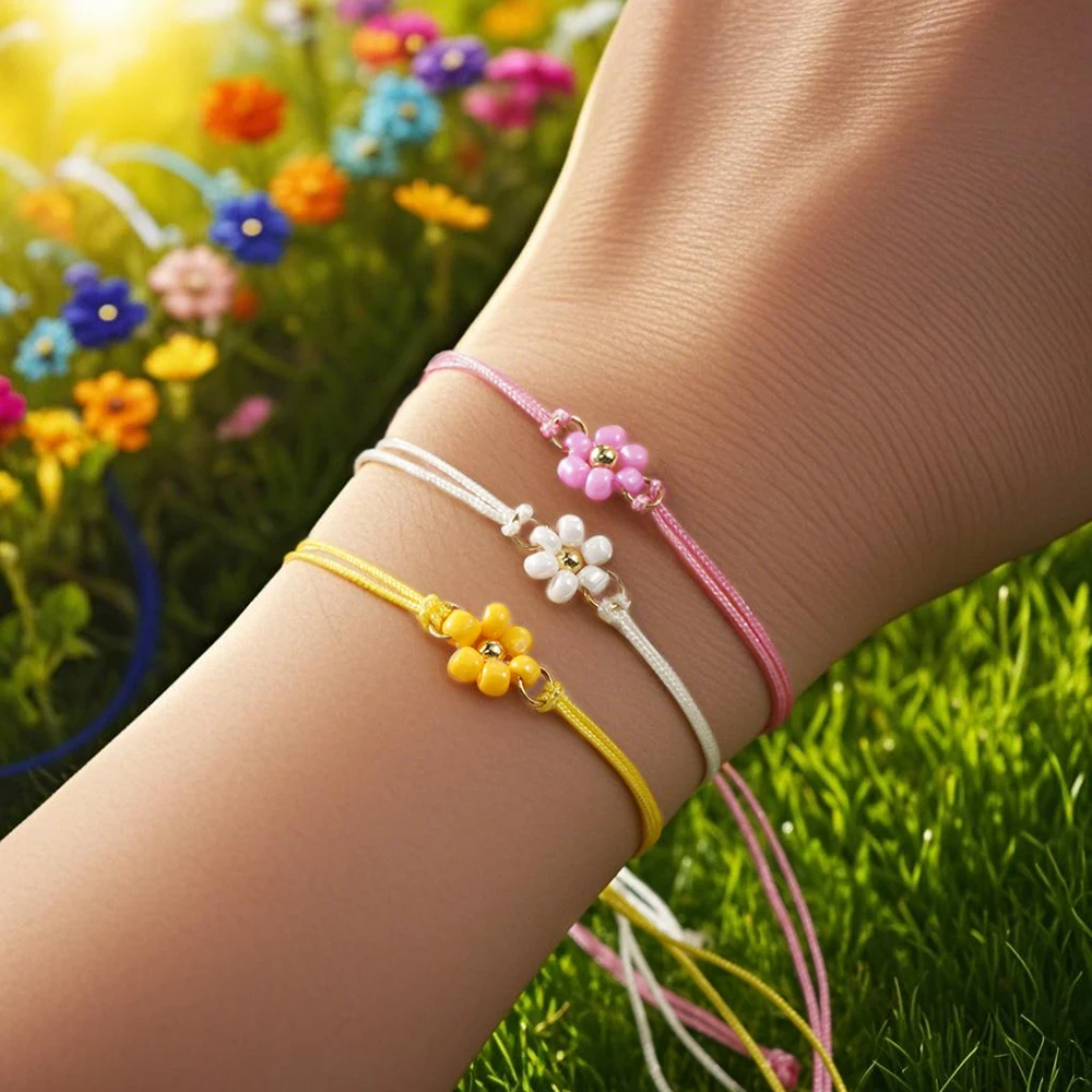1 PC Colorful String Flower Beaded Bracelet for Women Adjustable Handmade Lucky Rope Jewelry Gift for Couple or Friend