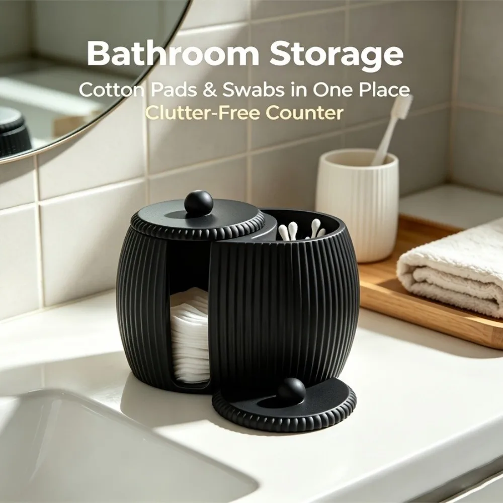 3D Printed Cosmetics Storage Box Minimalist Striped Pattern Cotton Swab Organizer Dual Compartment Plastic Beauty Storage Box