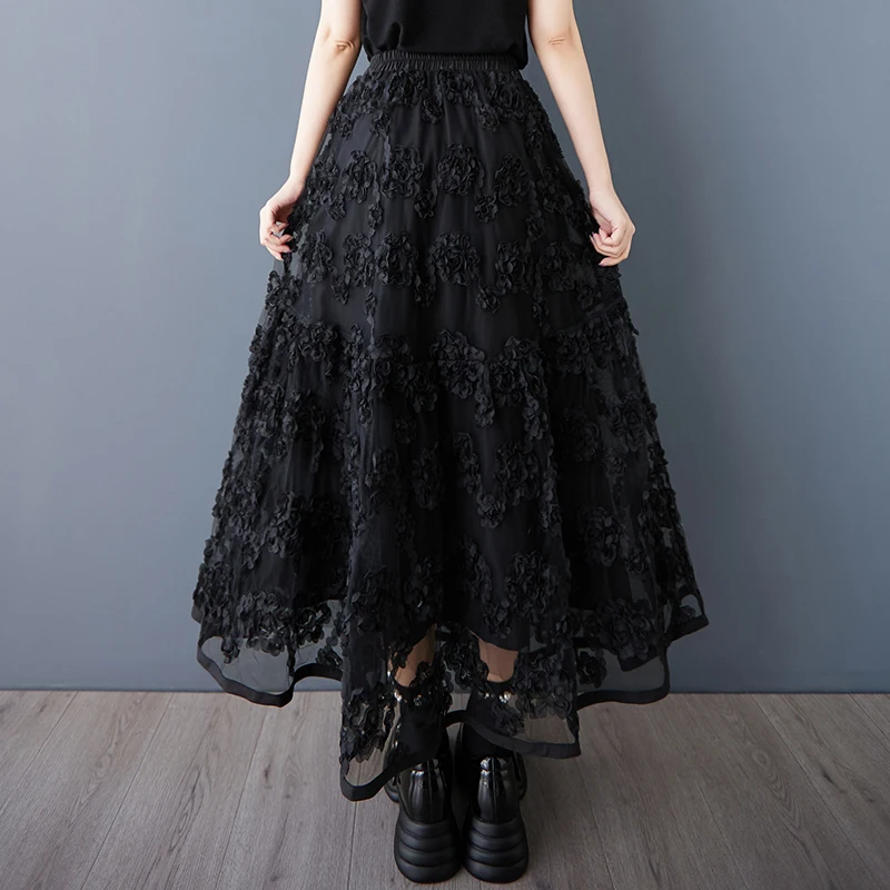 NYFS 2025 ฤดูร้อนใหม่VINTAGE Elasticเอวกระโปรงผู้หญิงแฟชั่นสีดําตาข่ายหัตถกรรมดอกไม้กระโปรงยาว