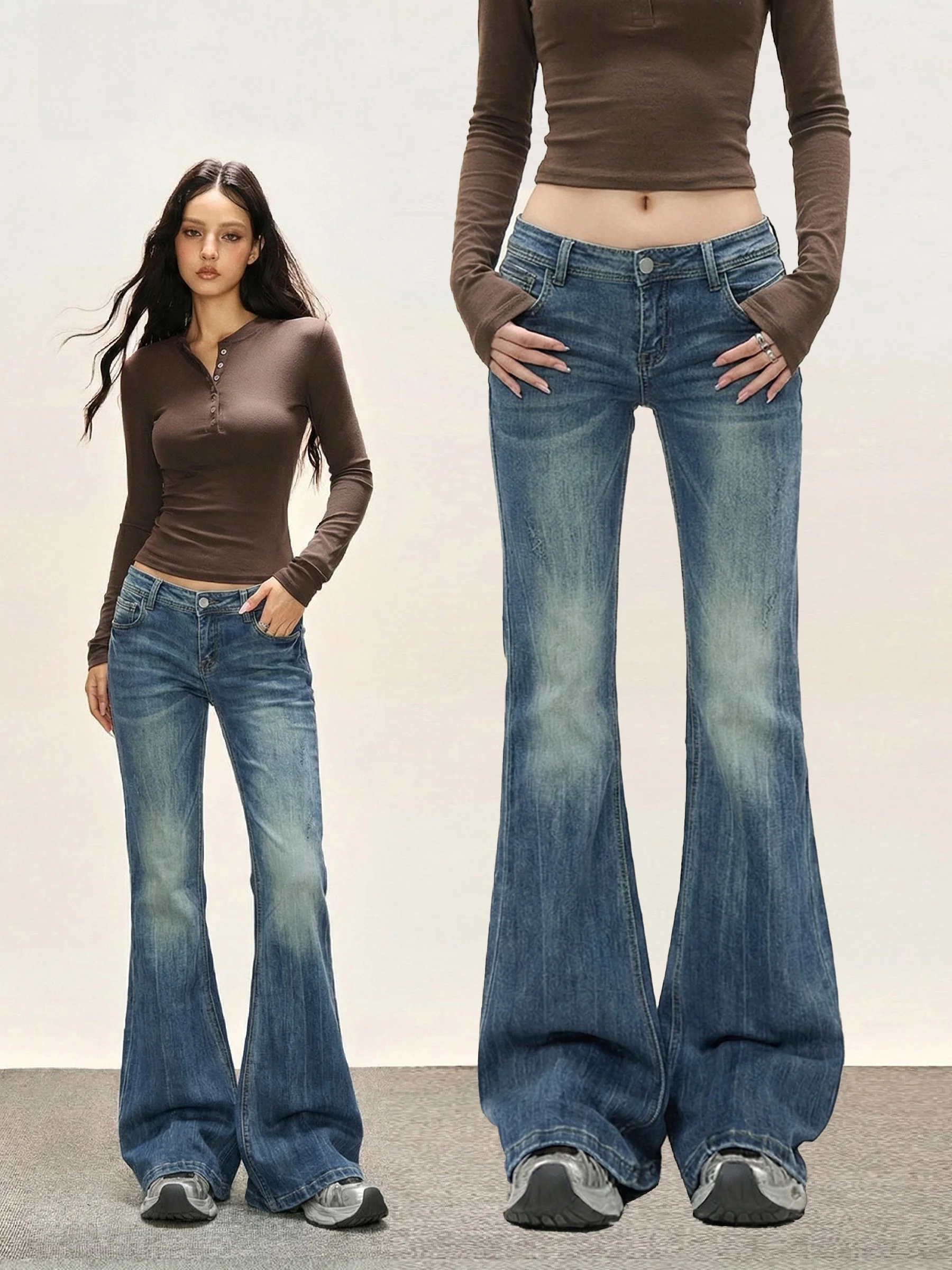 

Женские джинсы-клеш с низкой талией, эластичные, облегающие, в американском стиле, весна-осень, из выцветшего винтажного денима