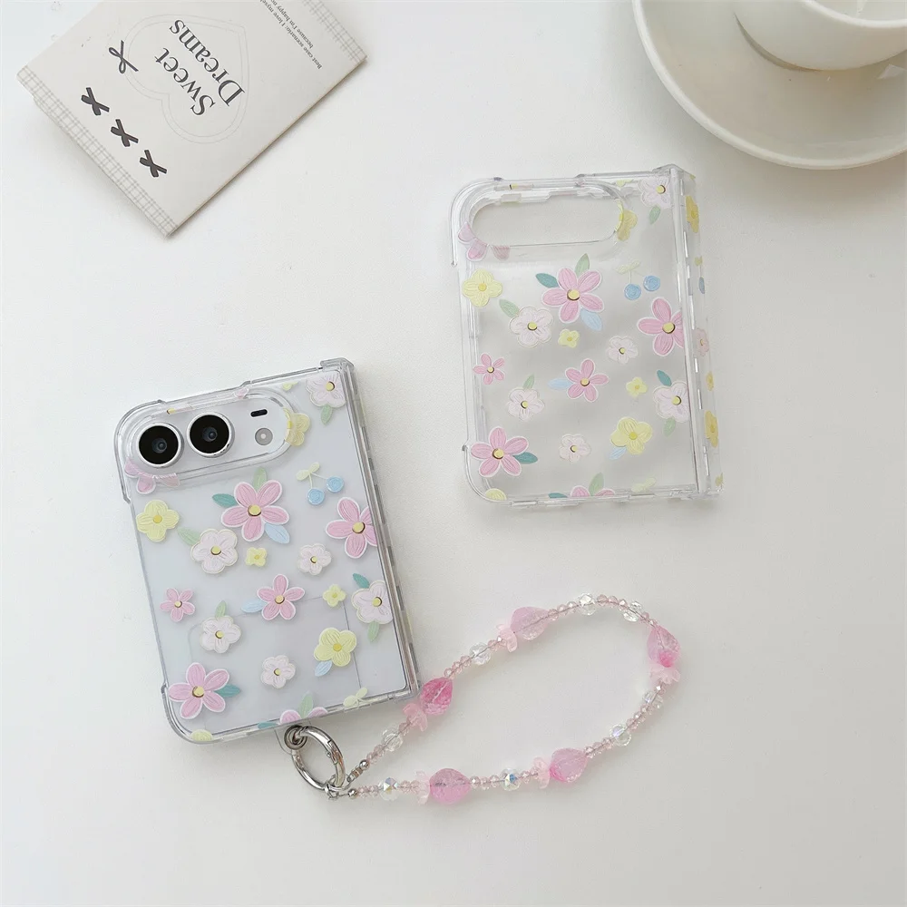Fashion Cute Pastel Floral Clear Phone Case For iPhone Duo Kawaii Pink Yellow Flower Hard Cover With Pink Crystal Beaded Chain