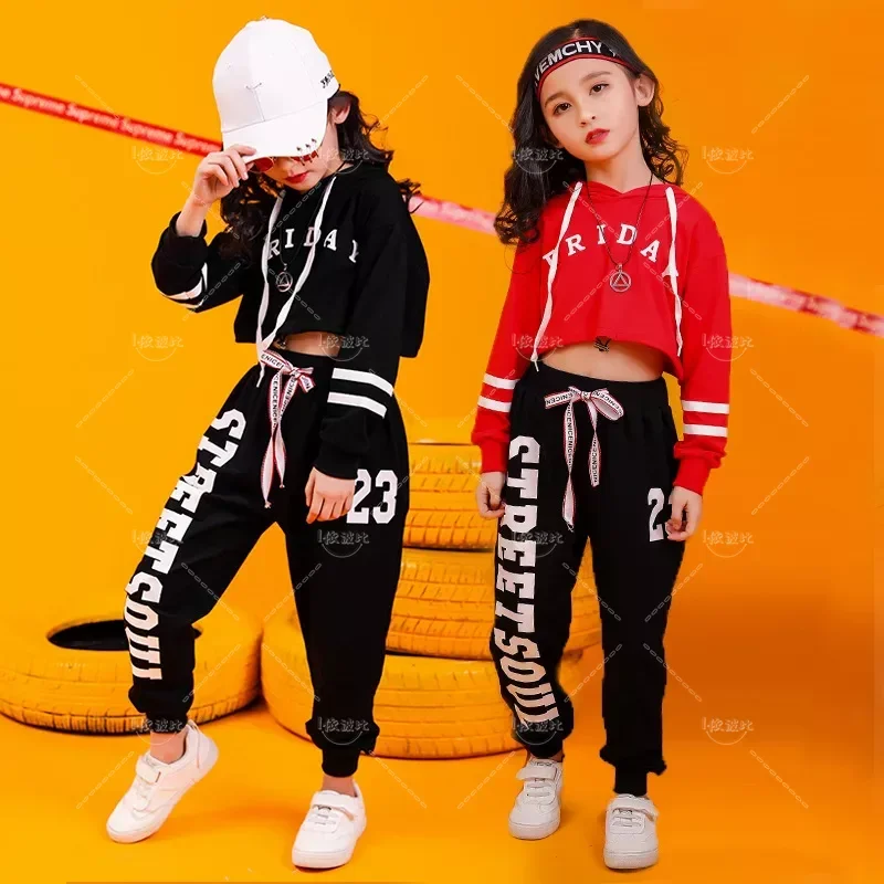 Girls Hip Hop Crop Hoodies Clothes Sets Kids Sweatshirt Joggers Street Dance Pants Child Jazz Outfits Teen Streetwear Costumes