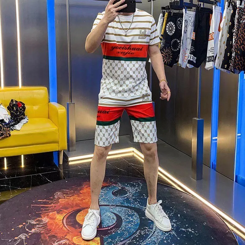 Men's clothing summer high quality color matching short sleeve shorts suit fashion brand letter printing casual two-piece set