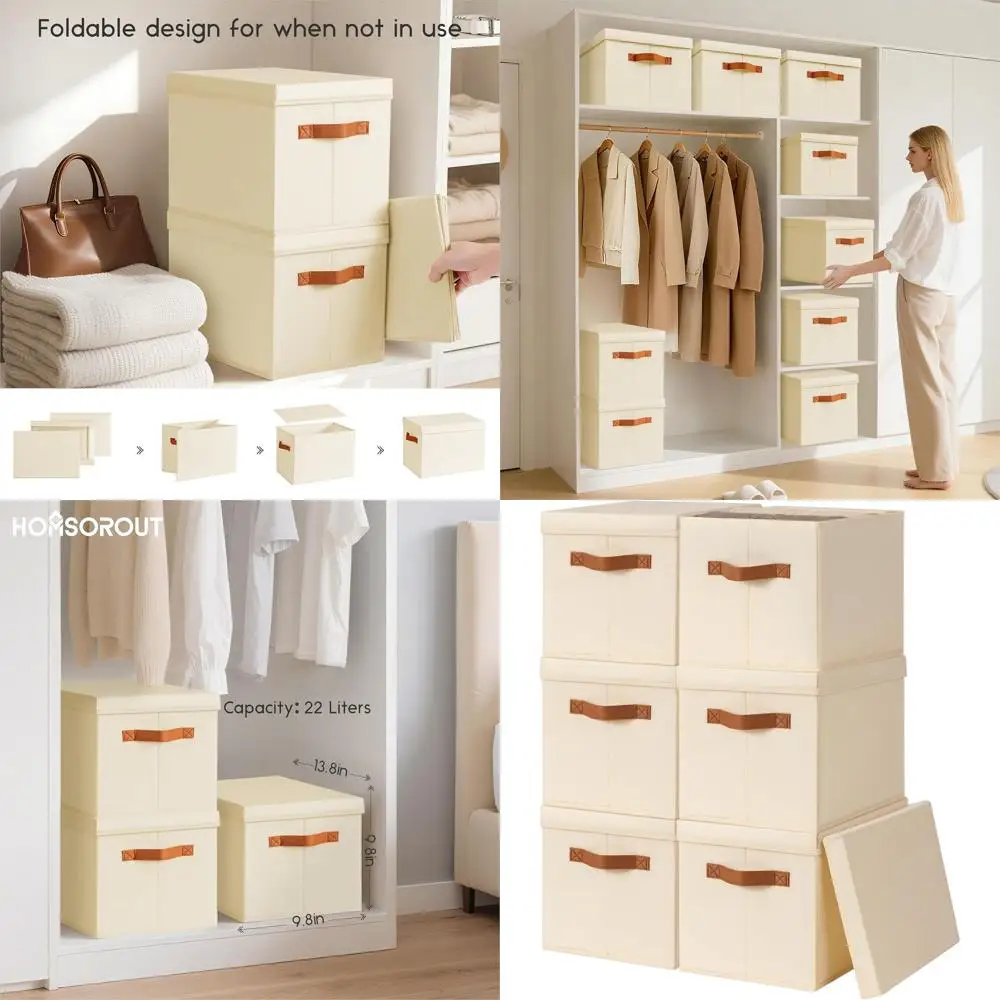 

Складные тканевые корзины для хранения из 6 штук с крышками, штабелируемые контейнеры-органайзеры для дома, детской комнаты, общежития, бежевый