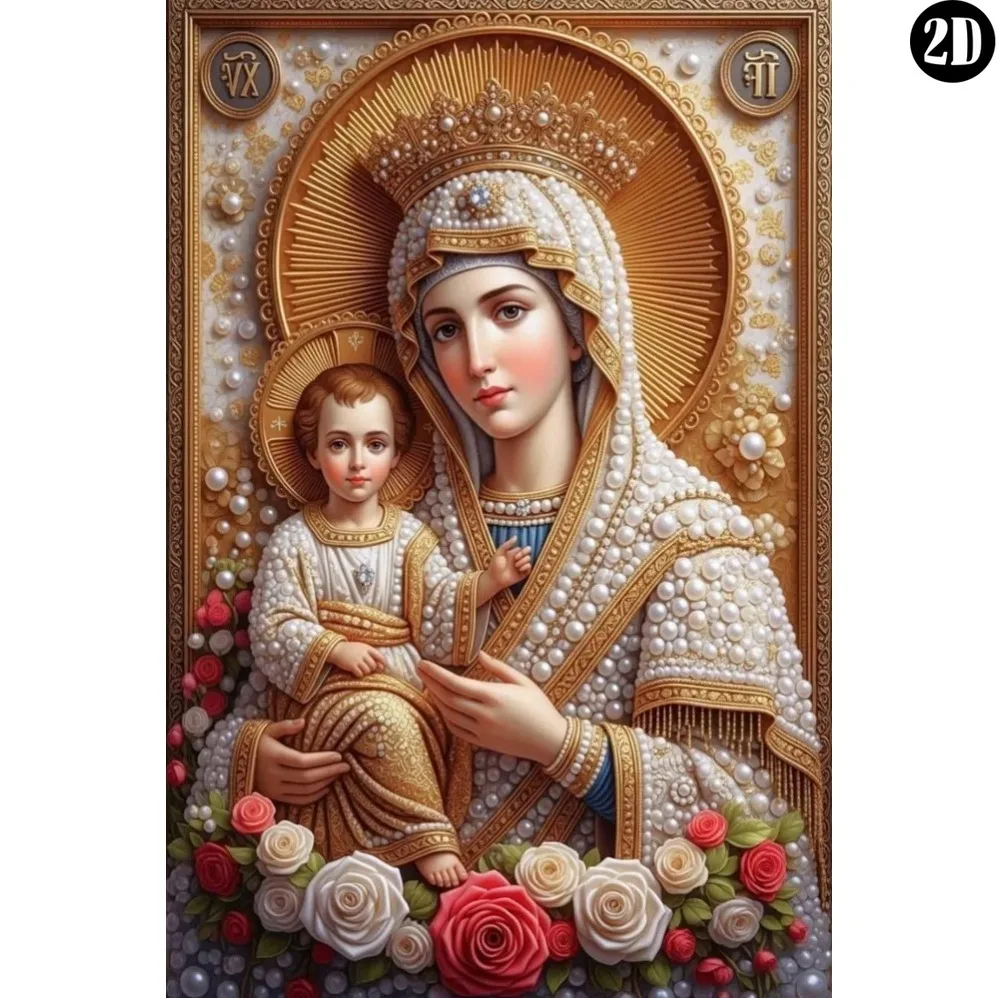 Vintage Metal Tin Sign, Virgin Mary Baby Jesus Pearl Costume Red White Roses Religious Wall Plaque