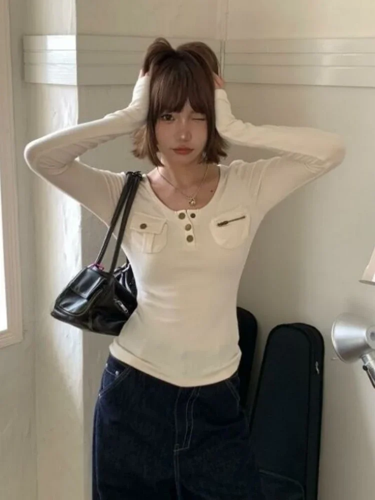 

Y2K Vintage Square Collar T-Shirt for Women 2025, Slim Fit with Pocket & Button Detail