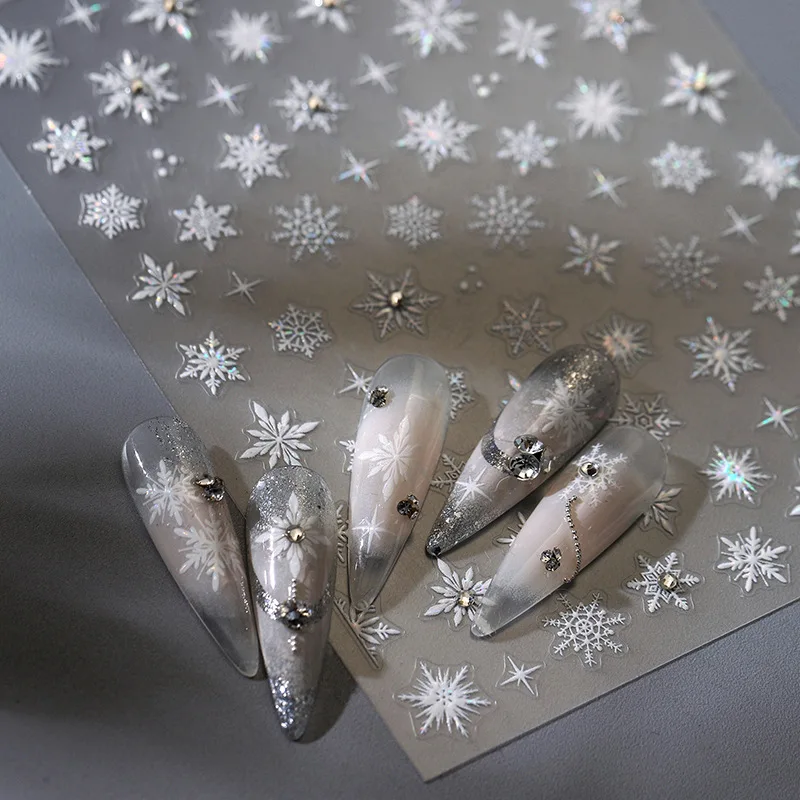 Silver White Snowflake Rhinestone Star Love Heart Lace Winter Chic Snow Shiny Chic Delicate 5D Nail Art Stickers Manicure Decals