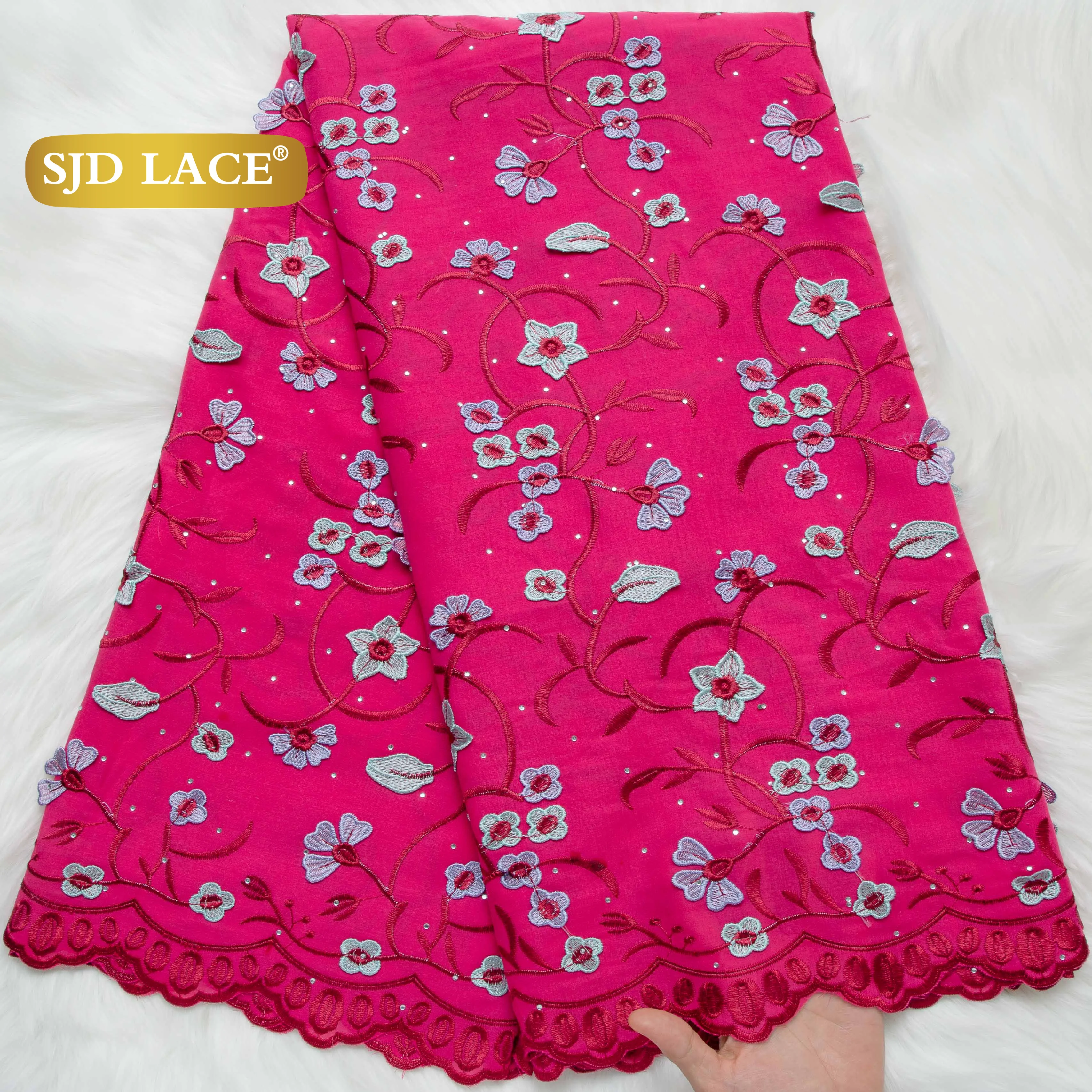 SJD LACE Cotton Lace Fabric Nigerian Embroidery Voile Lace High Quality 2025 Dubai Stones Cotton Lace for Women Party Dress 4040