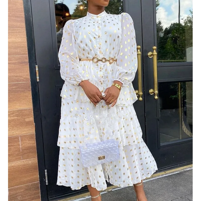 2023 Elegant Women Ruffles Midi Dresses Dot Printing Long Sleeve Buttons Up Ball Gowns French Style Female Chiffon Dress