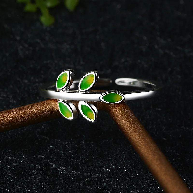 S925 Pure Silver Green Leaf Ring Women s Branch Themed Literary Small Fresh Open Adjustable Tail Ring For Casual And Daily Use