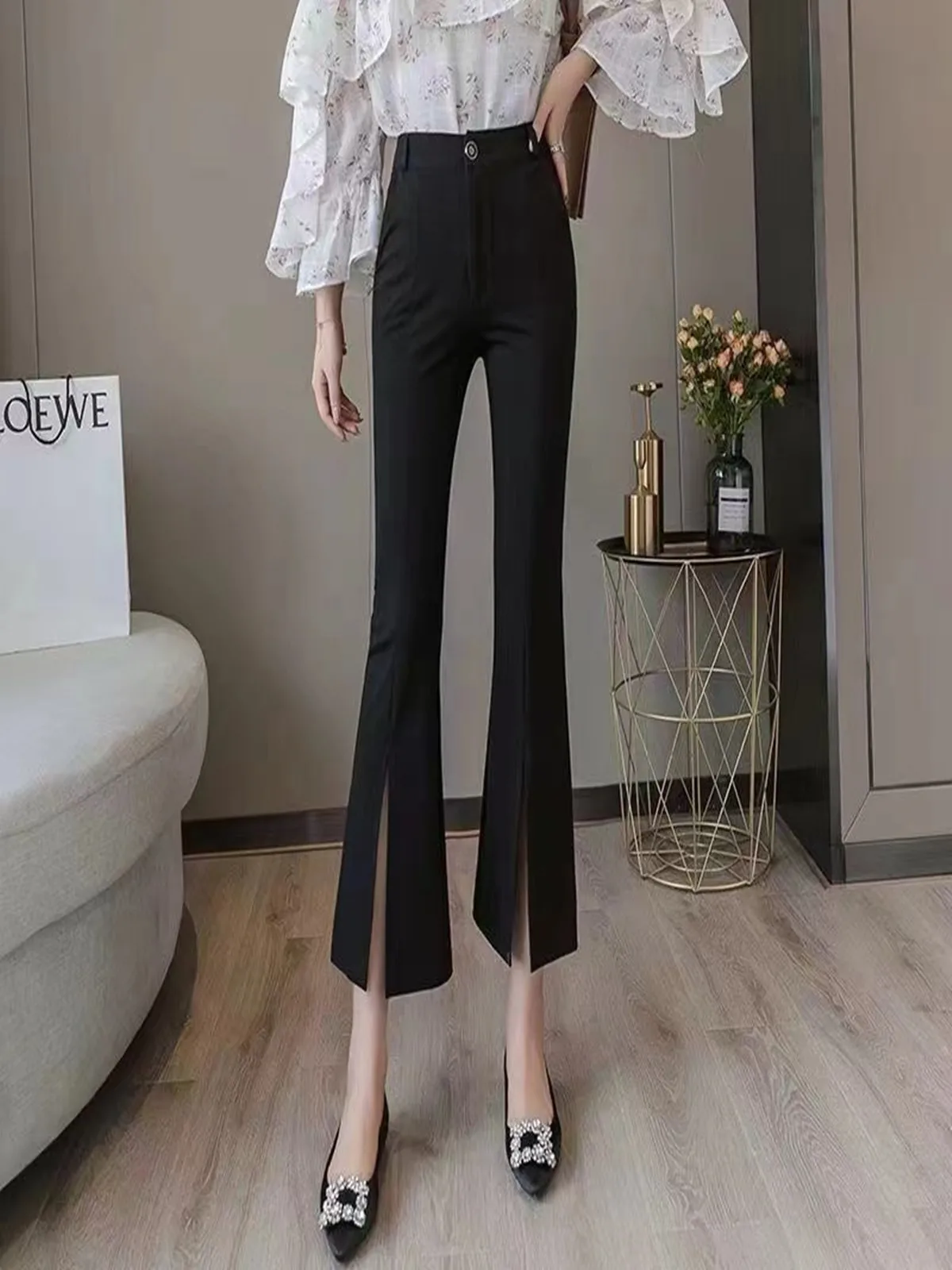 Spring Summer 2023 High Waist Micro Flare Pants Women's Nine Points Suit Pants Drapey Front Split Slimming Small Stature Flar...
