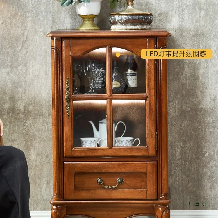 

American small wine cabinet solid wood retro display cabinet European living room TV side wine against the wall Small storage