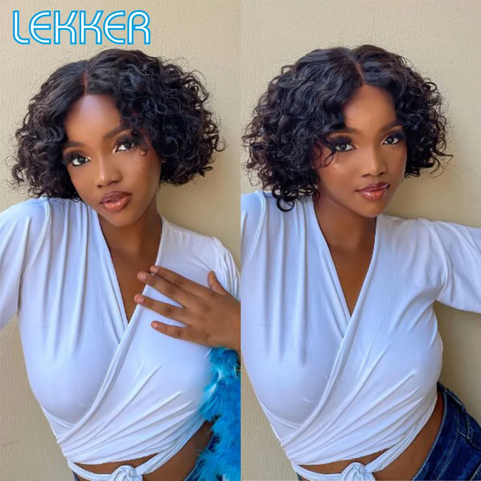 Lekker-Perruque Bob Lace Front Wig Remy Brésilienne Naturelle, Cheveux Crépus Bouclés, Deep Wavy, Couleur Ombrée, 13x6x1, pour Femme