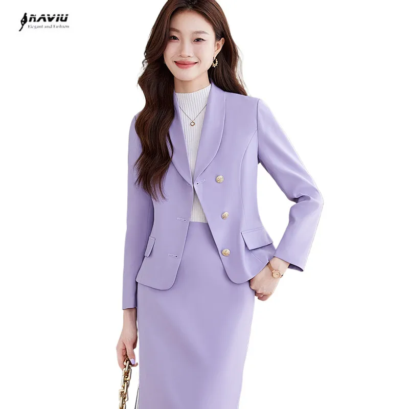 

NAVIU Autumn Fashion Navy Blue Blazer Women Business Suits Skirt And Jacket Set Ladies Work Wear Office Uniform OL Styles Purple