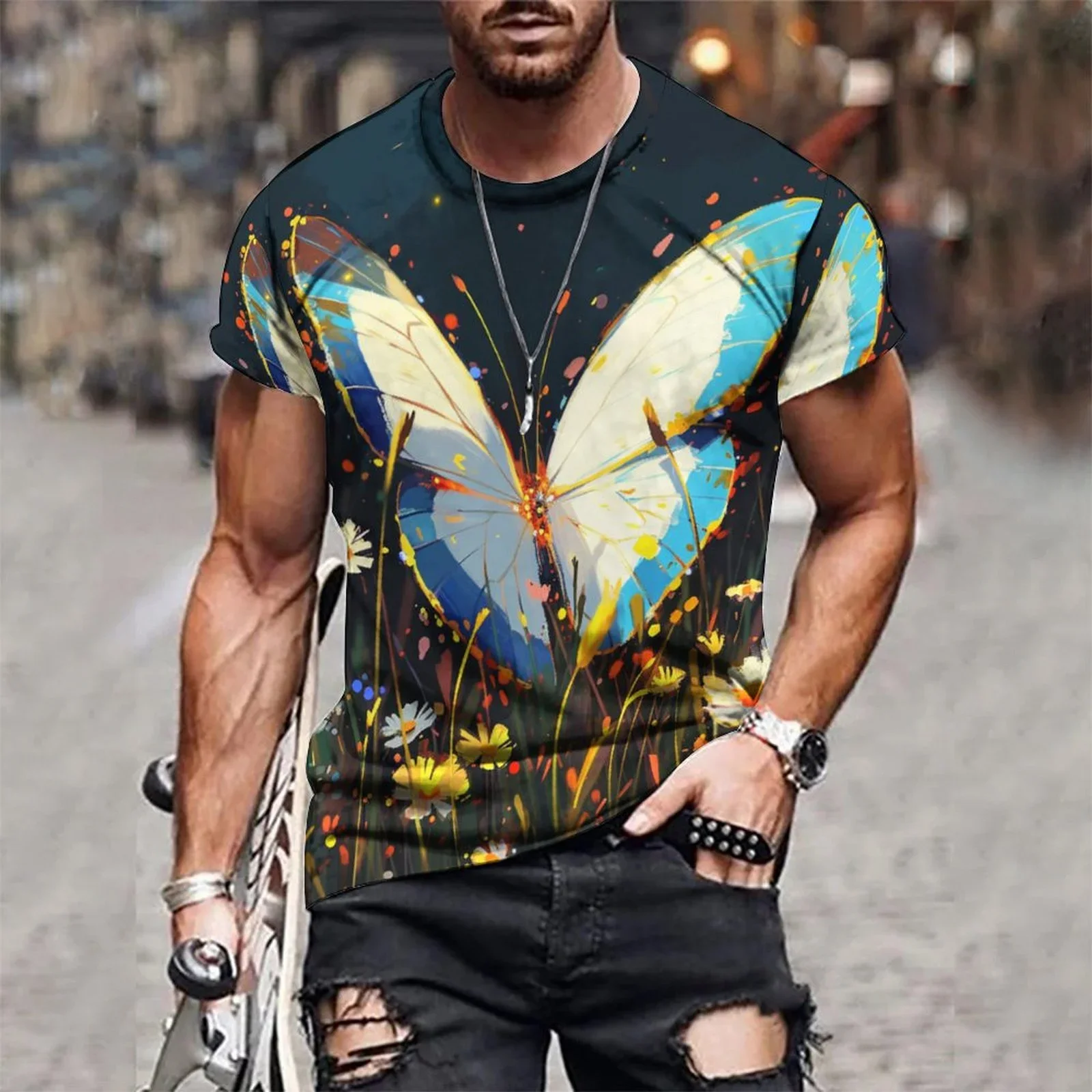 Men's 3D Butterfly Digital Print T-shirt, Casual Comfort T-shirt, Short-sleeved Pullover, Men's Summer Wear, New, 2024 Comfort