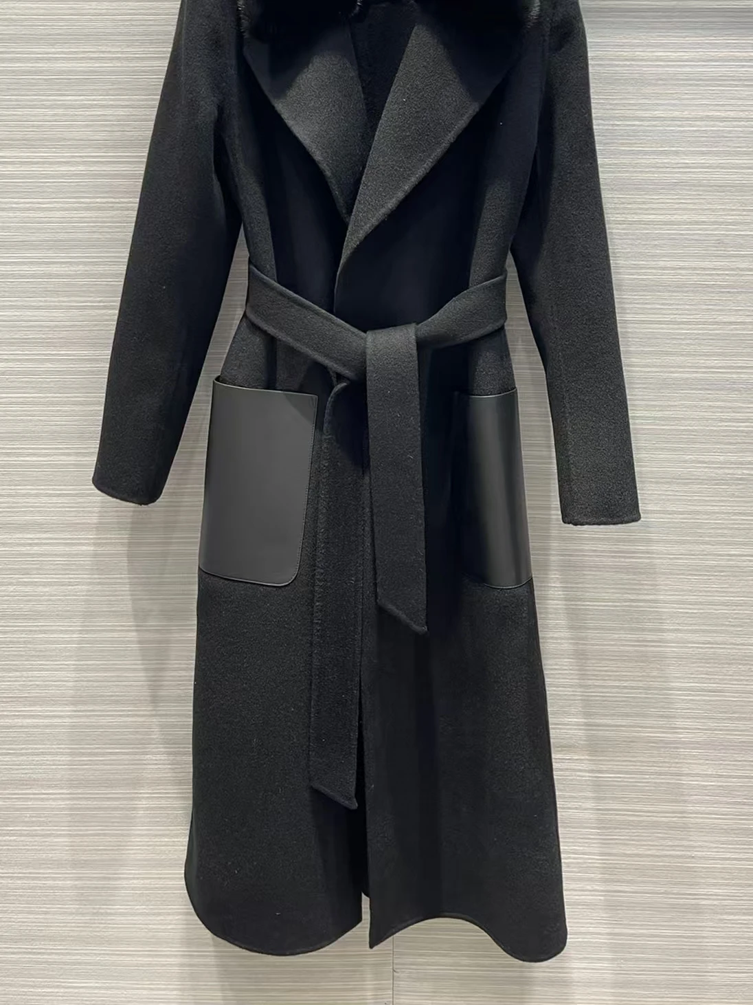 Autumn and winter new elegant detachable mink fur collar leather pocket tie waist long wool coat for women