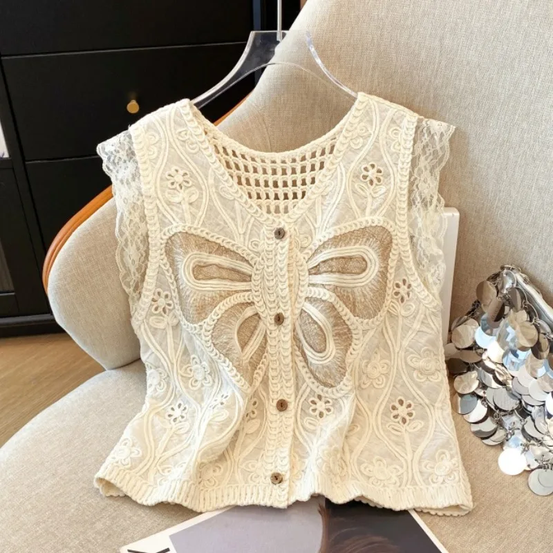 ฤดูร้อนปักเสื้อผู้หญิงแขนกุดดอกไม้ Hollow Out เสื้อ V คอ Patchwork ลูกไม้ถักเสื้อกั๊กเสื้อสเวตเตอร์ถัก