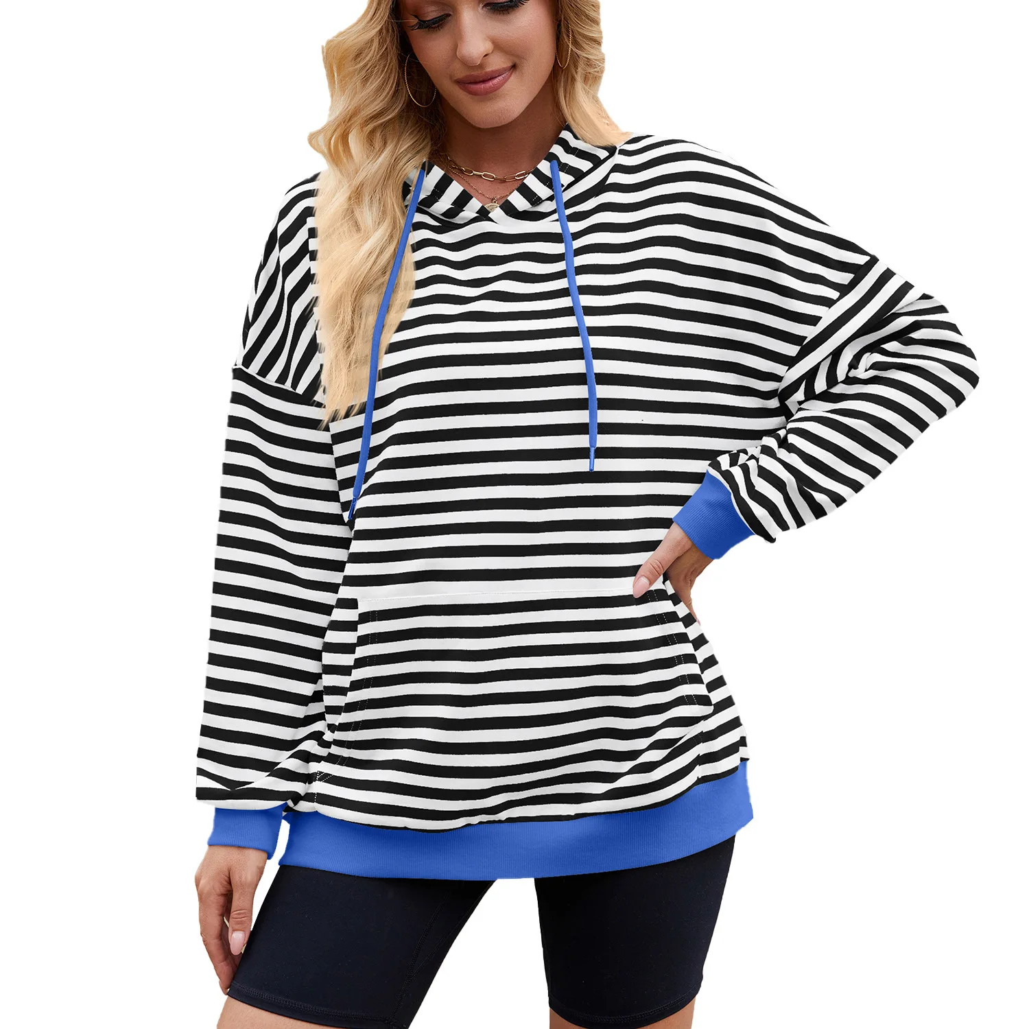 2025 Streep Contrast Kleur Casual Capuchon Losse ket Hoodie Dames Lange Sve Cleanfit Polyester T-shirt oulder Pad