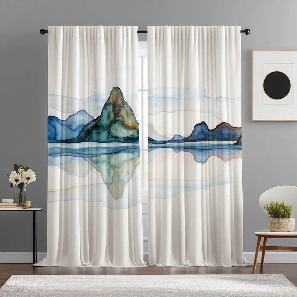 2pcs Watercolor Mountain Lake Reflection Print Curtains Rod Pocket Minimalist Art Home Decor for Kitchen Cafe Living Room
