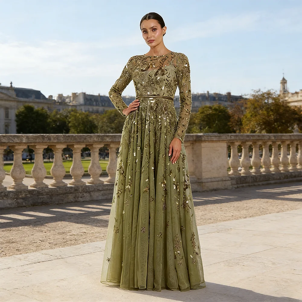 Fashion Floral Print Tulle A-line Floor Length Evening Dresses Customized O-neck Full Sleeves Back Zipper Prom Gown Party Dress