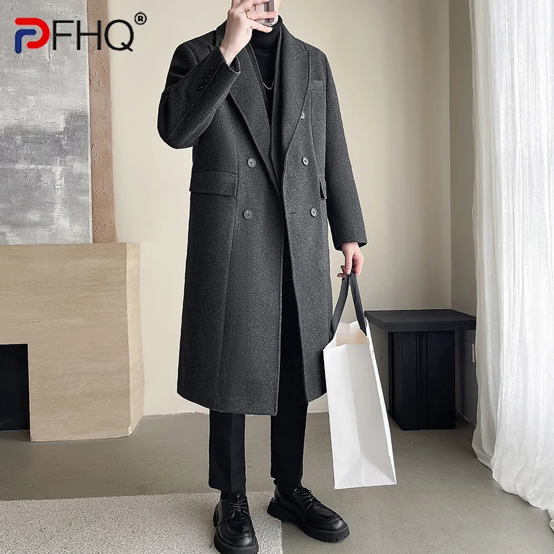 

PFHQ Winter Long Over Knee Men Woolen Coats Casual Windbreaker 2024 Solid Color Long Sleeve Luxury Male Tops 21Z7006