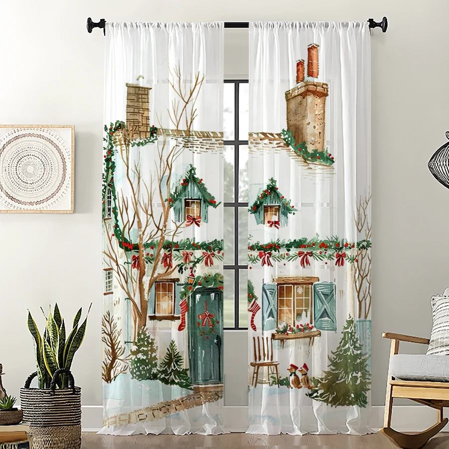 Curtain Rods - 2PCS Christmas Winter Sheer Curtains, Christmas