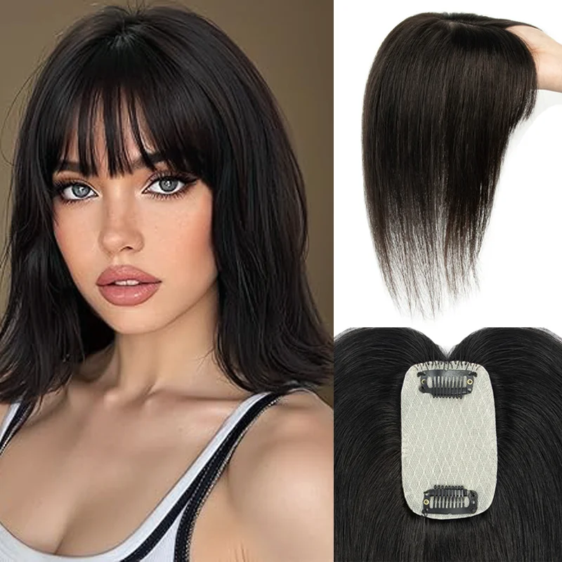 Clip in Topper Hair Pieces Real Human Hair Human Hair Topper With Bangs Women 20cm 25cm 30cm 360° Cover One Piece Toppers With 5x9cm Base Effect Cover Gray Hair Enhance Effect