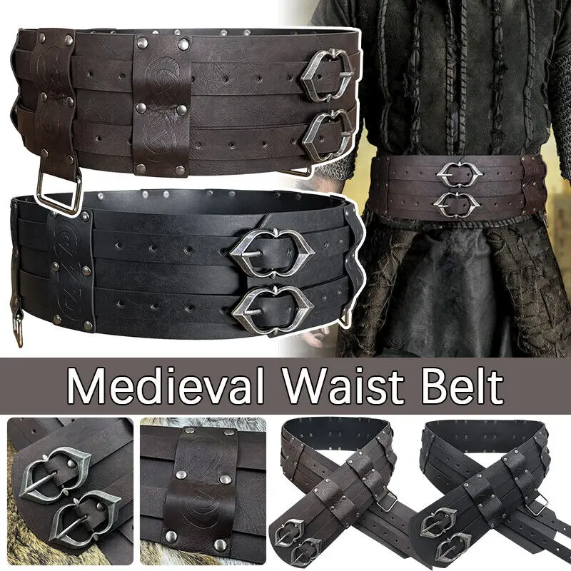 

Medieval Wide Embossed Buckle Belt, Faux Leather Armor Belt Nordic Knight Corset Renaissance Accessories for Halloween Cosplay