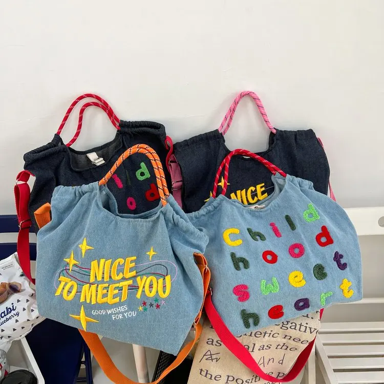 Large capacity embroidered letter crossbody bag for women, casual denim cloth bag, large capacity canvas tote bag