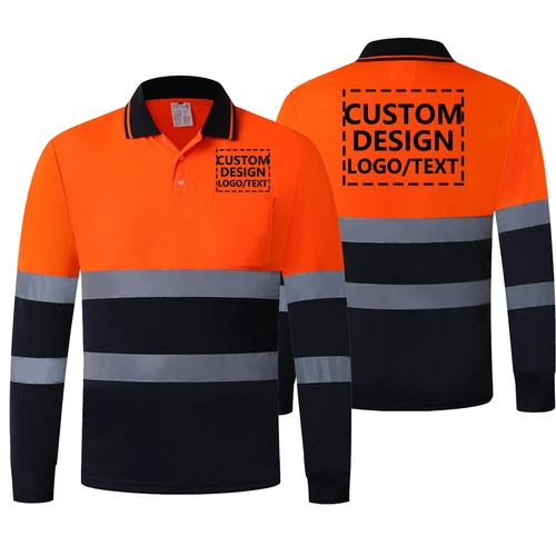 Imagen 2 del producto Polo de seguridad con logotipo personalizado, camisa reflectante de alta visibilidad con bolsillos, color naranja, Hi vis, trabajo