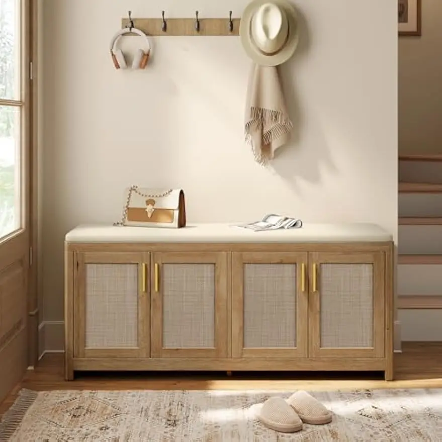 Boho Entryway Shoe Storage Bench Organizer With Soft Padded Cushion Seat, Rattan Look Four Door Cabinet With Adjustable Shelves For Hallway Living Room, Natural Brown
