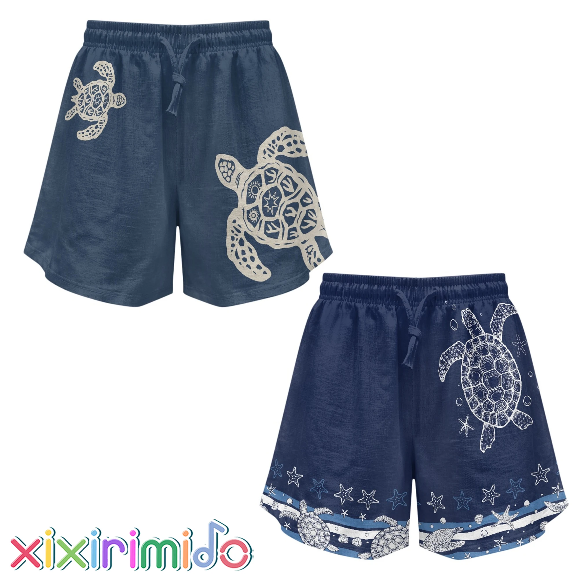 

XIXIRIMIDO Summer Women's Linen Shorts High Waisted Pants Turtle Print Wide-legged Drawstring with Pockets Lightweight Clothes